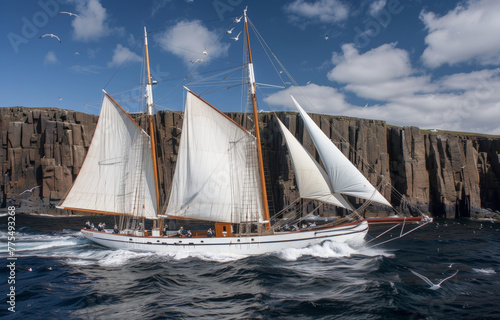 Schooner Voyage Near the Cliffs with Puffins in a Bright Morning