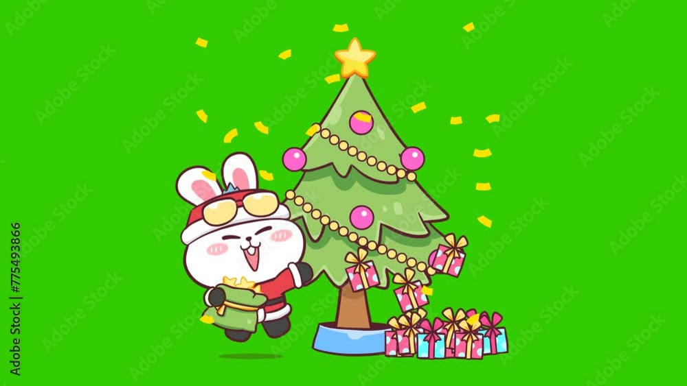 christmas tree animation, happy christmas rabbit on green screen christmas tree animation, happy christmas rabbit on green screen