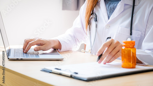 Doctor records health examination results and medication usage of patient  pill bottle  healthcare  and medical checkup concept