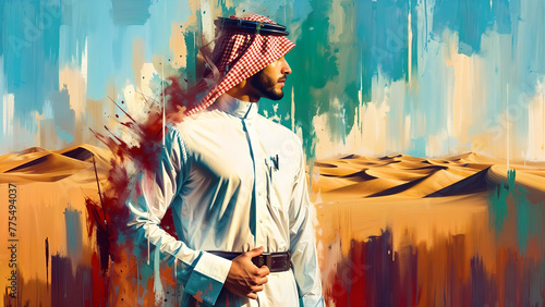Saudi man in traditionnal clothes, posing, in a desert - acrylic painting photo