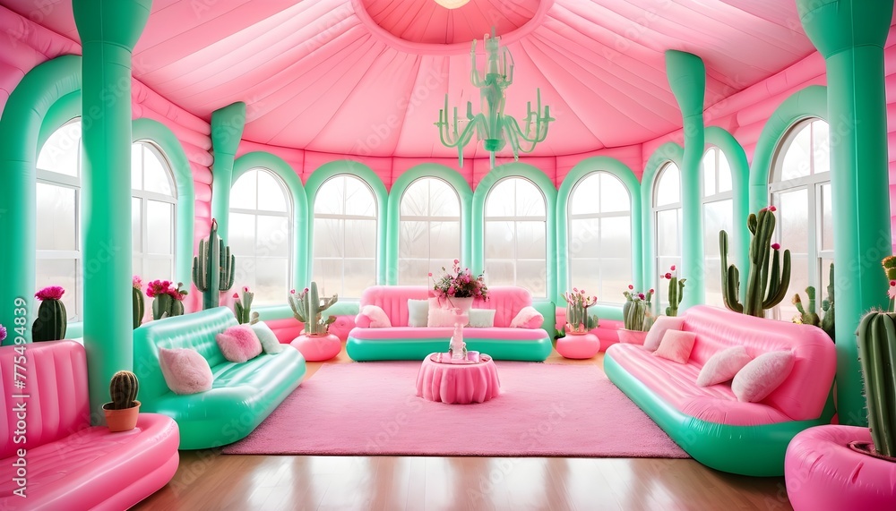 A grand sitting room inside of an inflatable house with an abundance of light coming in from the windows. Bright colors throughout with lots of pink and mint green. Candelabras float throughout the ro