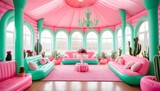 A grand sitting room inside of an inflatable house with an abundance of light coming in from the windows. Bright colors throughout with lots of pink and mint green. Candelabras float throughout the ro