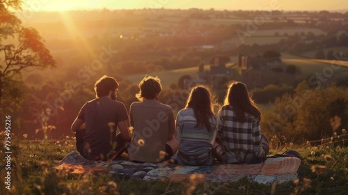 A group of friends sit on a patchwork quilt backs turned towards the camera as they watch the sunset over a sprawling countryside . .