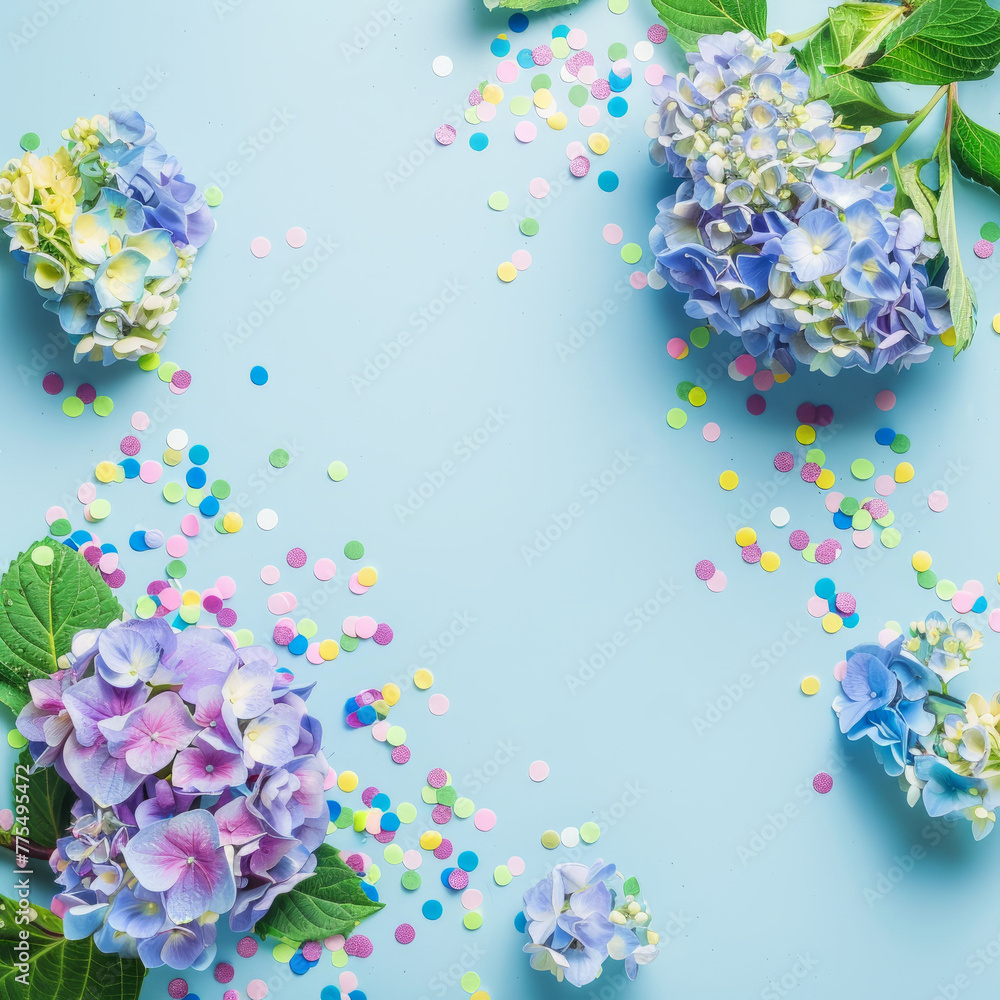 A blue background adorned with flowers and birthday card confetti, creating a joyful and celebratory atmosphere. Copy space. Card.