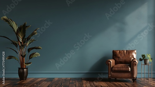 Living room with armchair on empty cadet blue colour wall background photo