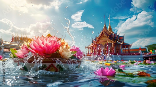 Songkran Water Festival Tourism Authority of Thailand Flowers in a bowl of water splashing water Thai tourism architecture Banner design on clouds and blue sky. © Oratai