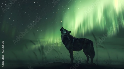 Lone wolf's haunting howl under aurora borealis in silent wilderness © dekreatif