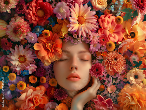A woman with her eyes closed peacefully sleeping among a field of colorful spring flowers. Background. Spring concept.
