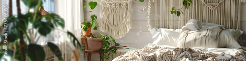A bohemian chic bedroom featuring a macrame hanging from the ceiling. Banner. Copy space.