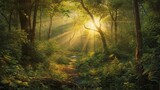 prompt Sunrise over a lush forest, illuminating the vibrant greenery and diverse ecosystem. Capturing the essence of nature's beauty and tranquility. High-detail, realistic textures, dynamic lighting