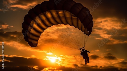 Dramatic close-up silhouette of a parachutist descending with the sunset in the background, the parachute outlined against the fiery sky" --ar 16:9 --stylize 500 --v 5 Job ID: 75593ec5-4d5a-497c-8b6d