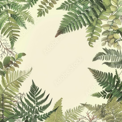 Collection of various green leaves and ferns spread out on white background. Copy space. Card.