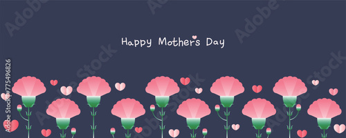 Happy Mother's Day banner with pink carnation flowers on dark blue background. Vector illustration.