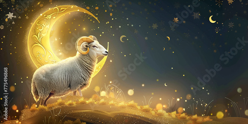 Goats with lanterns and lights celebrating Eid adha