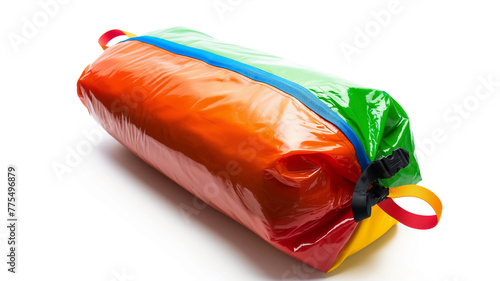 A colorful waterproof bag with red, green, blue, and yellow stripes on a white background. photo