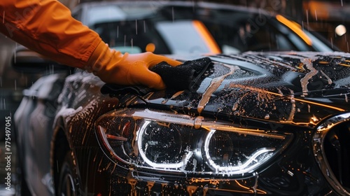 Close-up of the hand of a man in a yellow glove washing a black car © tashechka