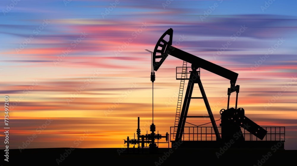 A crude oil pumpjack rig operating in the desert against a vibrant sunset sky background