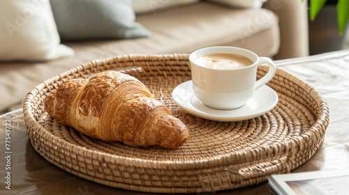 A wicker tray holds a cup of coffee and a croissant  creating a cozy breakfast scene