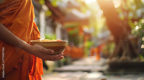 Buddhist monk is holding his arms bowl walking to receive food offerings from people in the temple	 photo