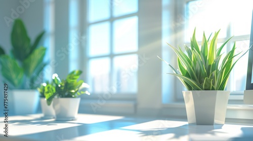 Three potted plants are placed on a table against a window in a minimalist office workspace