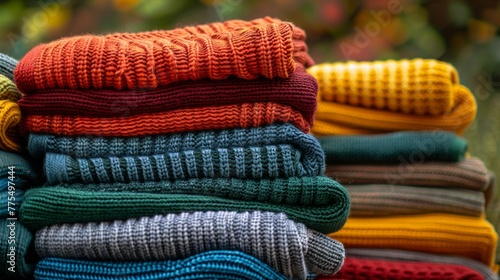 A stack of folded knitted sweaters in various vibrant colors sitting atop each other
