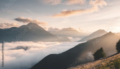 morning mountain landscape with clouds and alpine panorama morning mist breathtaking natural scenery travel and tourism concept images refreshing and relaxing nature images © Adrian