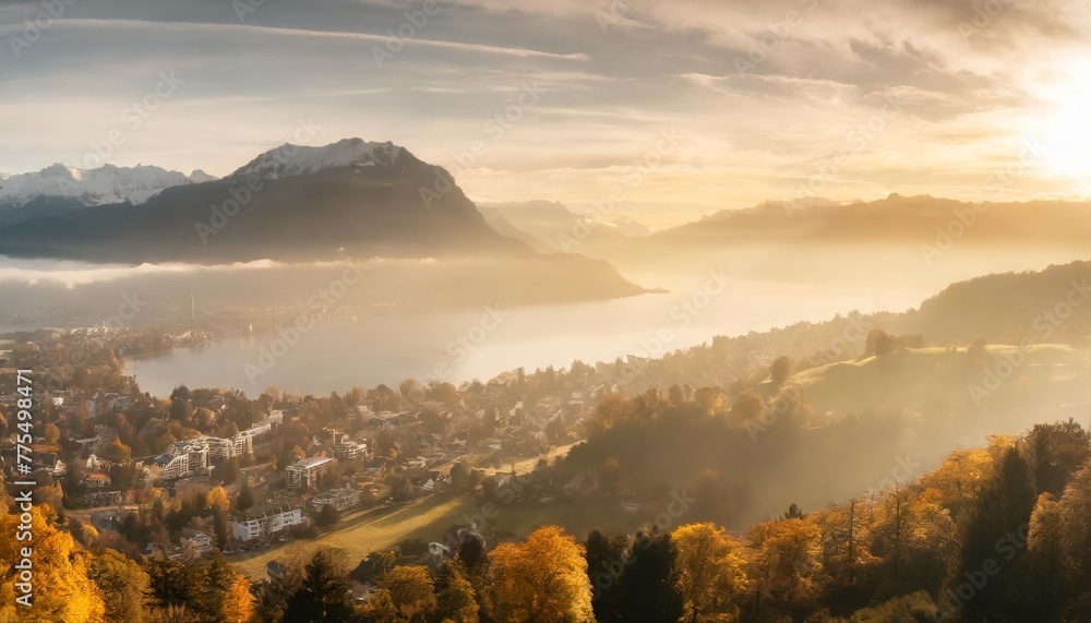 outstanding autumn view on suburb of stansstad city and lucerne lake with mountaines and fog