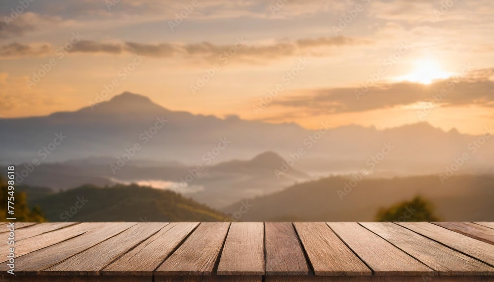world environment day concept wooden table and mountain sunrise background
