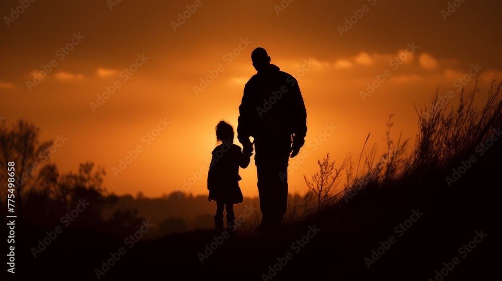 Touching silhouette of a person carrying a child on their shoulders at sunset, bond of love, warm colors