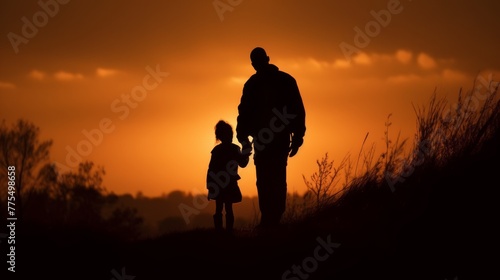 Touching silhouette of a person carrying a child on their shoulders at sunset, bond of love, warm colors