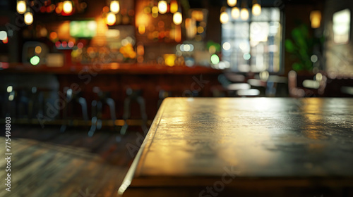 Empty wooden table and countertop with blurred bar background for product placement design © Badger