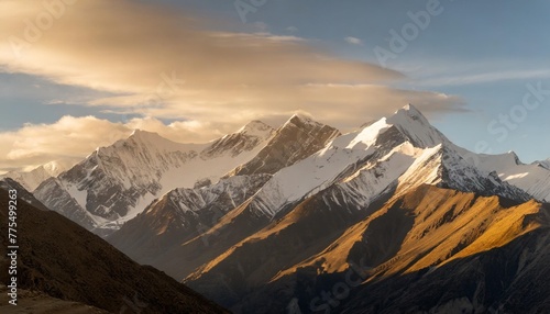 mountain peak of the tibetan snow capped mountains a beautiful panorama of the mountains at sunset of the day generative ai