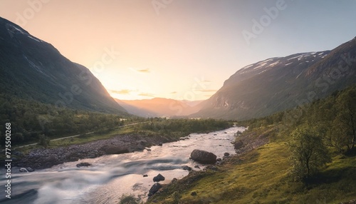 mountain valley with the river in evening beautiful nature norway