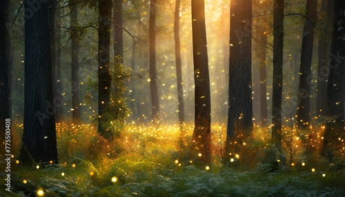 dark green forest with many yellow fireflies generative ai