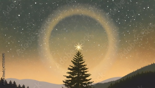 hiper realistic illustration of a starry sky forming a circle over the silhouette of a fir tree photo