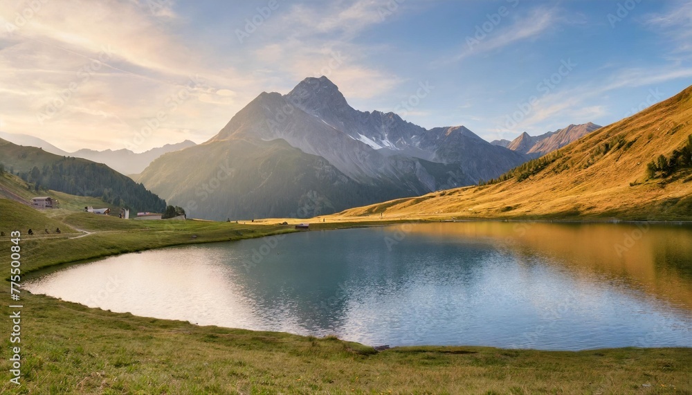 beautiful view of the lake muta haidersee and ortler peak located near the village st valentin alps italy europe