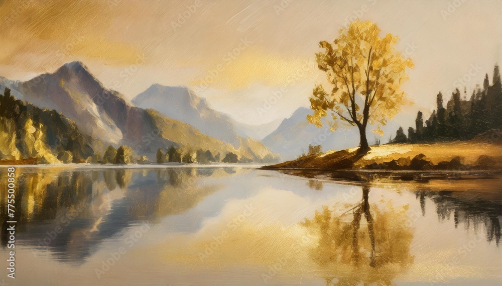 abstract art acrylic oil painting of mountains landscape with gold details tree and reflection of water from a lake