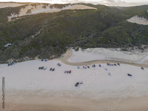Aerial view of the entrance to Eli Creek along 75 mile beach highway on the sand island of K’gari, Queensland, Australia