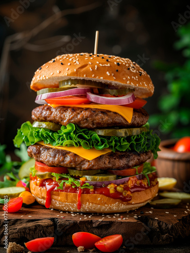 exaggeratedly big burger with many layers of ingredients like: top bun, ketchup, pickled cucumber, onion, cheese, burger patty, tomato, salad, mayo, bottom bun