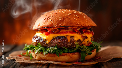 hamburger with cheddar cream and fresh and tasty brioche bun on smoke and dark wooden table