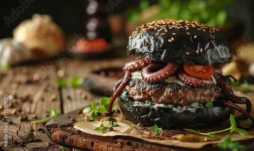 Seafood Delight: Dive into a Burger with Blue Cheese, Black Bun, and Slices of Octopus Tentacle