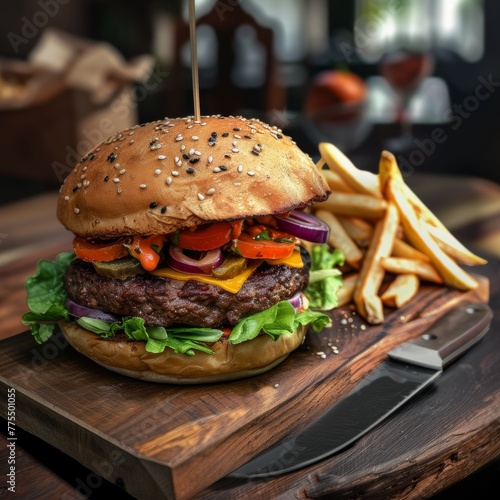 Rustic Charm: Savory Hamburger and Fresh Fries on Wooden Slab