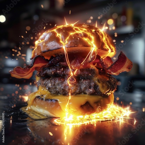 Sizzling Storm: Gourmet Burger with Bacon and Double Cheddar!