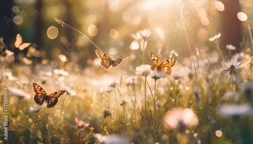 sunny summer nature background with flying butterflies and wild flowers on forest glade grass with sunlight and bokeh
