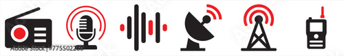 Various icons related to radio, broadcast and podcast. Media icons set vector design. photo