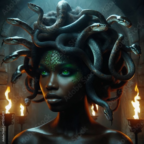 Portrait photo of Medusa. Woman with snakes on her head instead of hair. Gorgon. Greek Mythological woman with venomous snake hair. Intense gaze. Lamia. Naga. Melusine. Generative AI photo