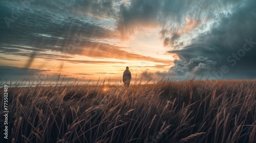 Man standing on the grassland at sunset with clouds in the sky photo