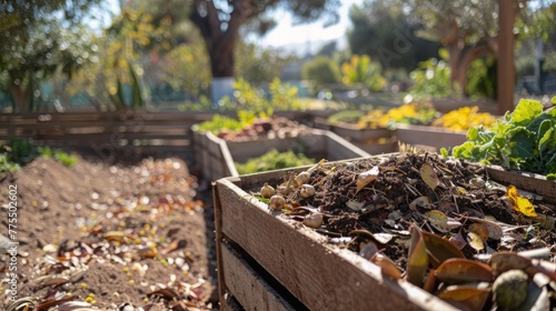 Wallpaper Mural Sunlit compost area with organic waste in the foreground, surrounded by garden beds. Background. Copy space. Torontodigital.ca