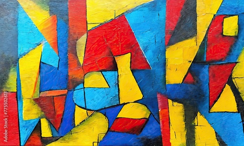 Cubism style primary colors painting with rough texture on canvas. Oil on canvas. Contemporary painting. Modern poster for wall decoration