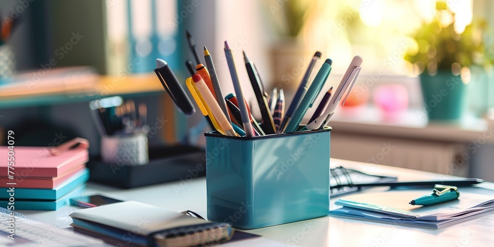 Desk organizer with pens and stationery, neat workspace, close-up, soft light Desk organizer with pens and stationery, neat workspace, close-up, soft light